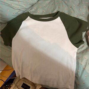 aerie White Ribbed Tee with Olive Green Raglan Sleeves